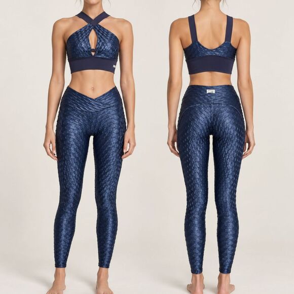 Fitness Rio Pants - Navy Blue Textured Activewear Set Small Sports Bra & Leggings